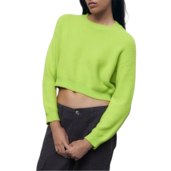 Zara Sweaters - Zara Neon Green Edgy Cropped Fuzzy Crew Neck Sweater